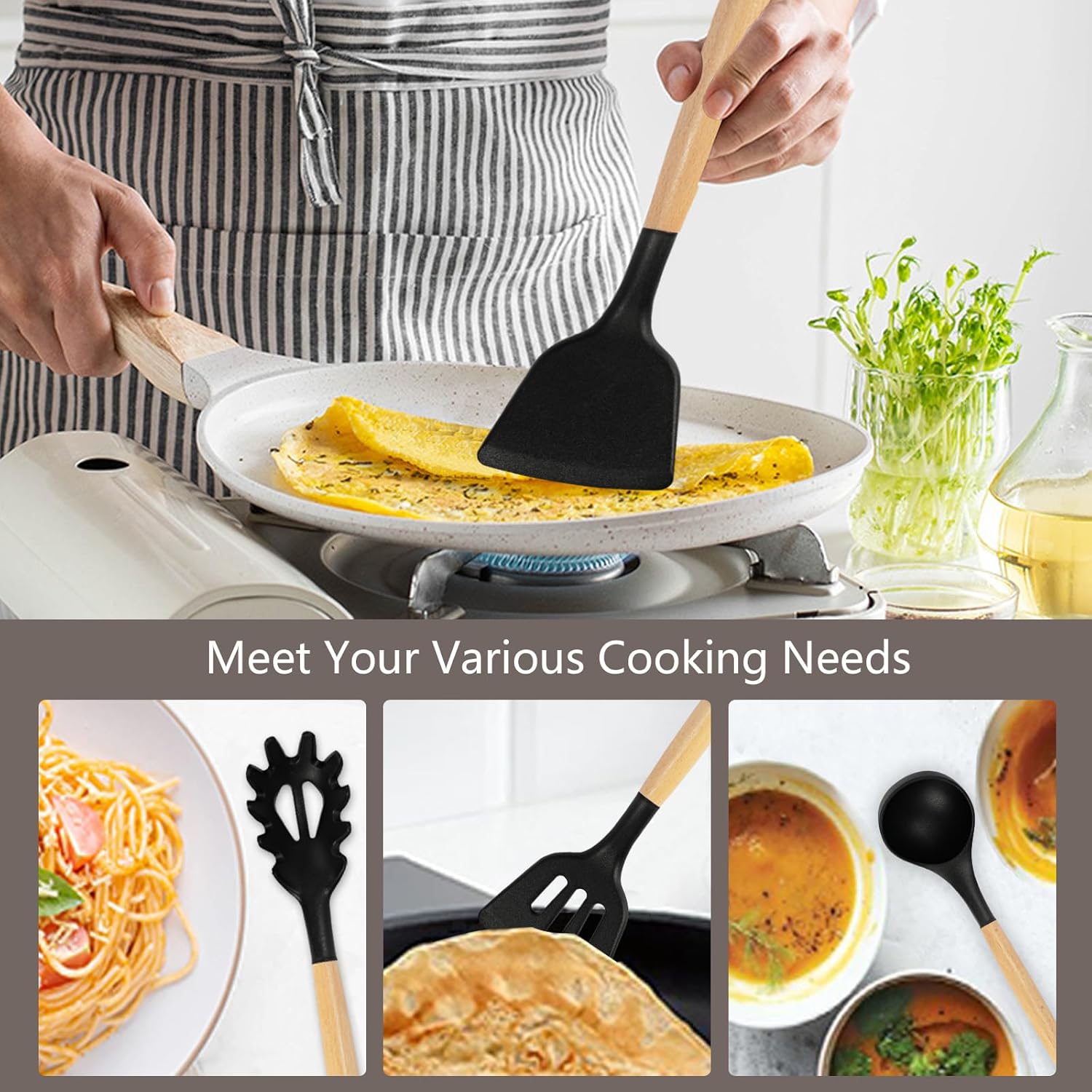A Person is cooking food using 18-piece silicone kitchenware set.