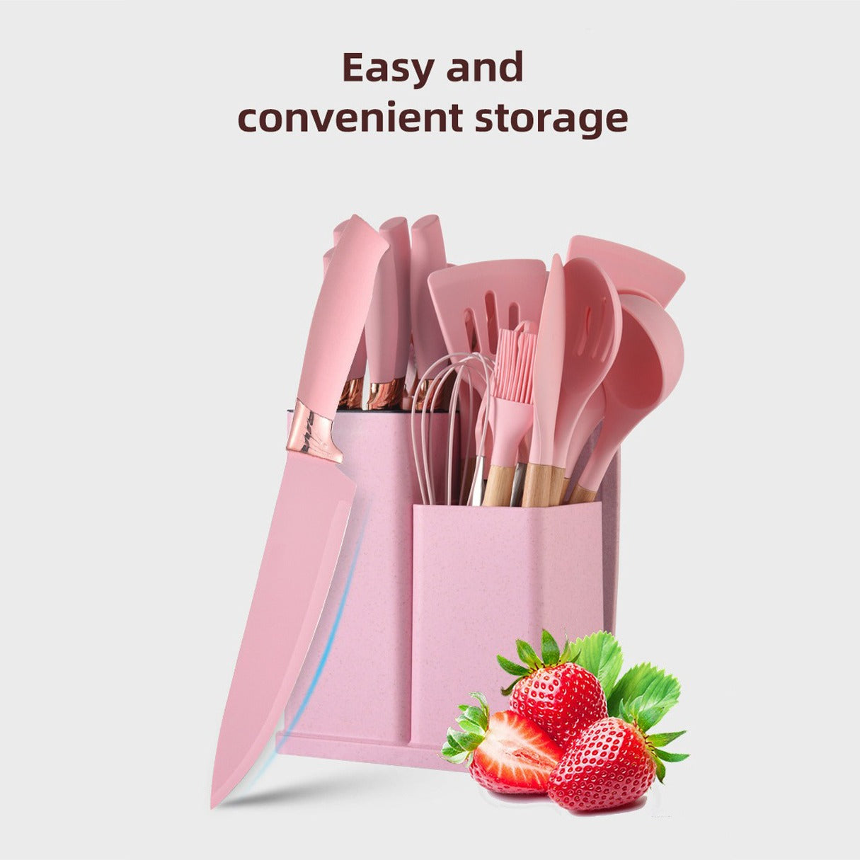 18-piece silicone kitchenware set in a holder including spatulas, ladle, tongs, whisk, pasta server, brushes, and scissors etc.