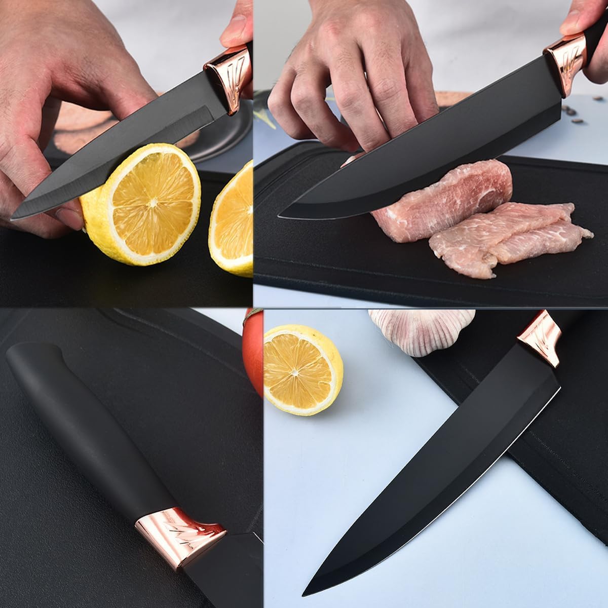 A person is using knives from 18-piece silicone kitchenware set to cut meat and fruits.