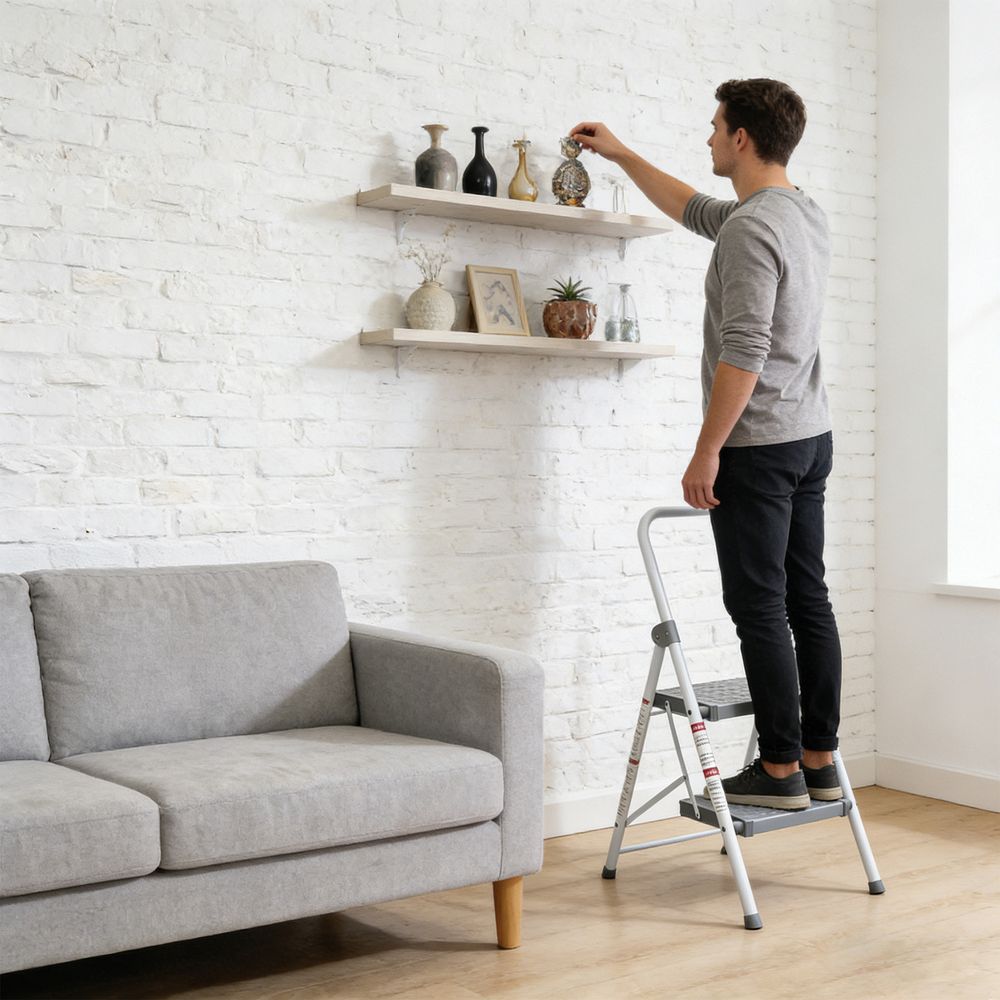 2-Step Folding Step Stool Ladder with Safety Handle & Anti-Slip Steps 2-Step Folding Step Stool Ladder with Safety Handle & Anti-Slip Steps