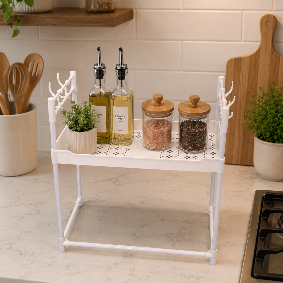 2-Tier Multifunctional Microwave Oven Storage Rack with jars and bottles on a kitchen counter