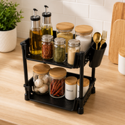 2-Tier Multifunctional Storage Rack is Organized with Spices at Kitchen countertop.