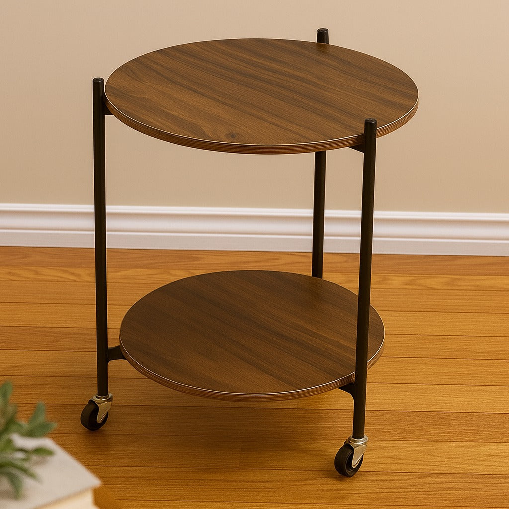 A 2-Tier Wooden Round Rolling Side Table.