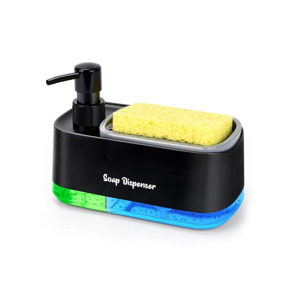 2-in-1 Dish and Handwash Soap Dispenser with pump and yellow sponge on a white background