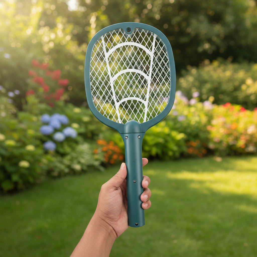Hand holding electric fly swatter.