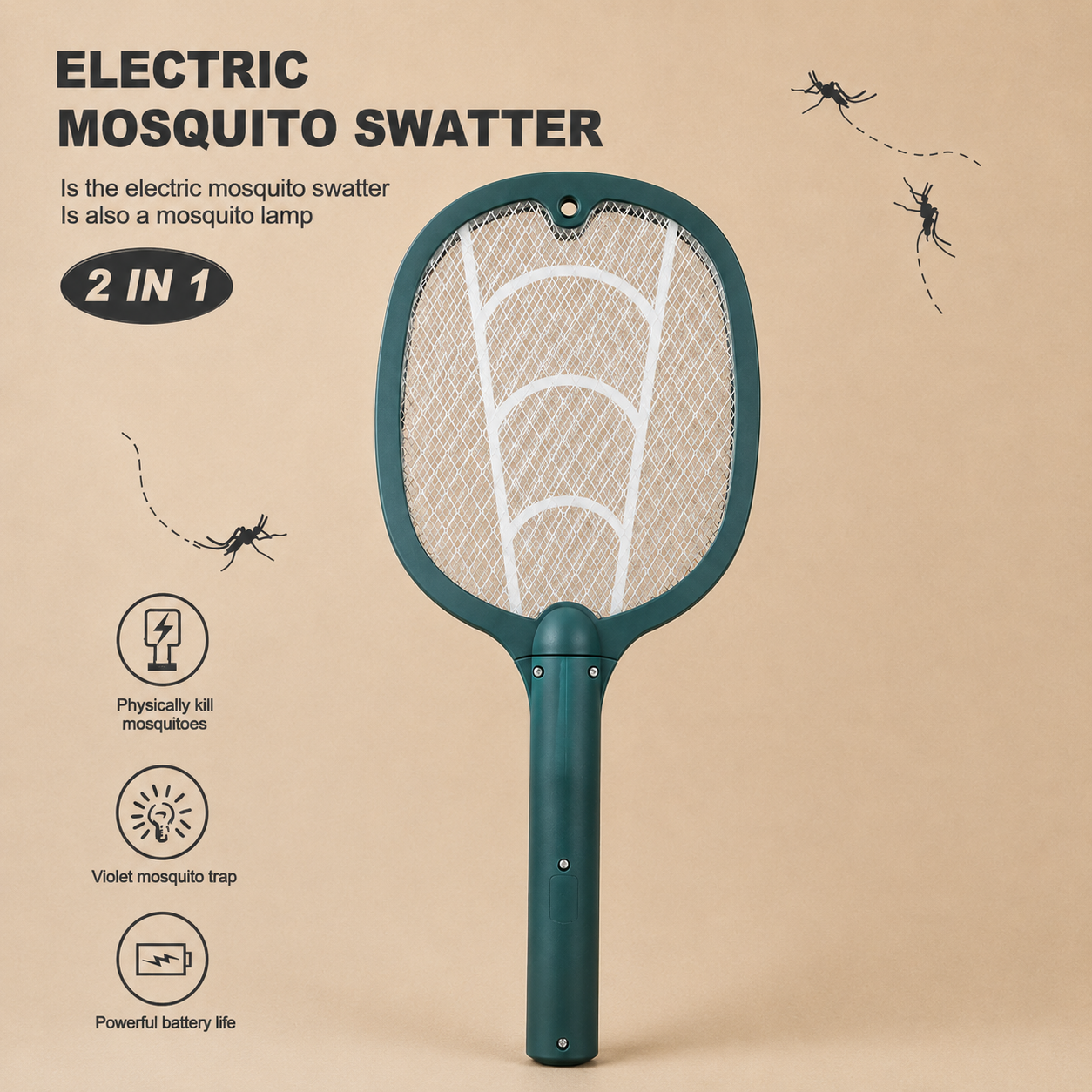 2-in-1 Electric Mosquito Swatter Racket with UV Mosquito Lamp.