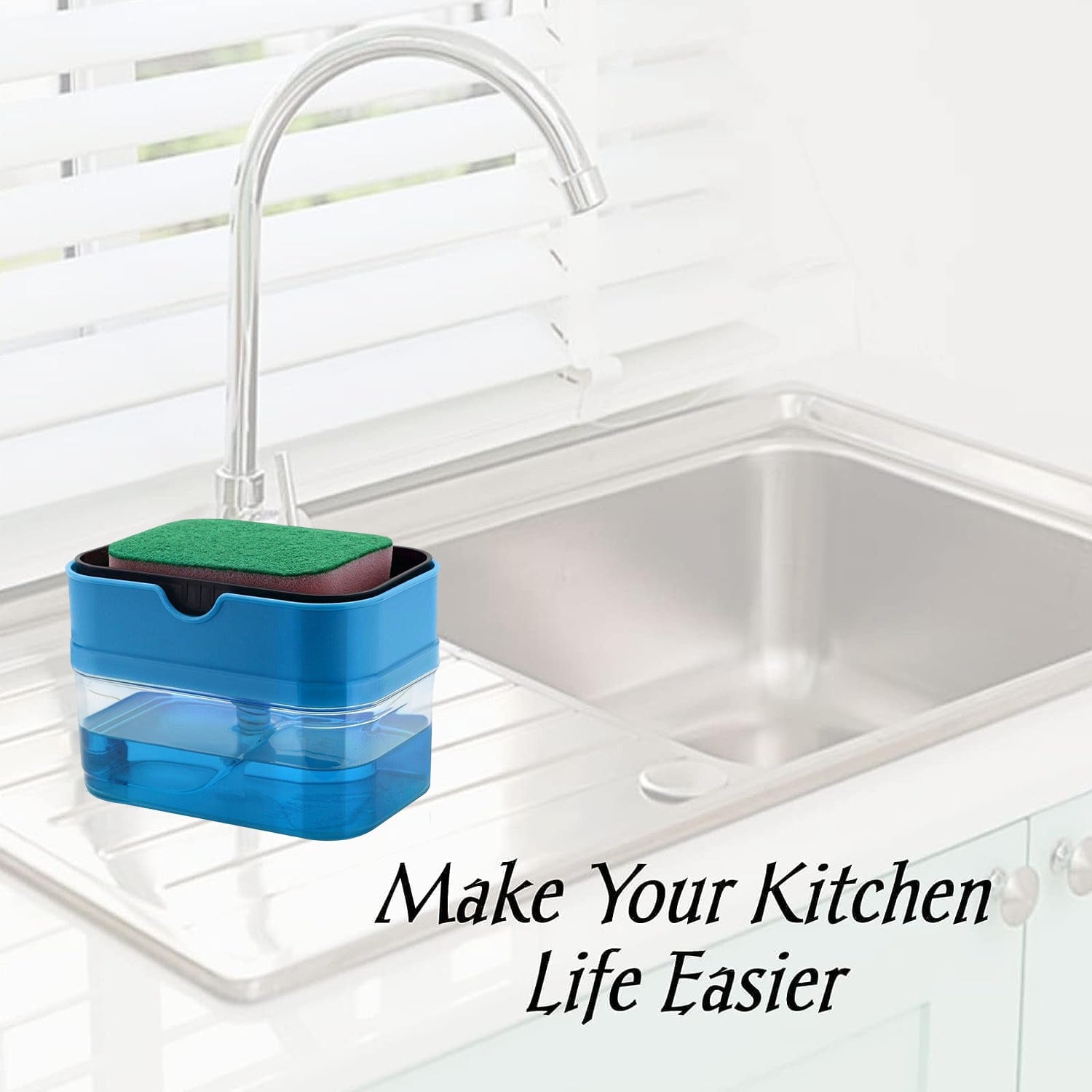 A 2-in-1 Portable Soap Pump Dispenser is Placed on the Side Of Kitchen Sink.
