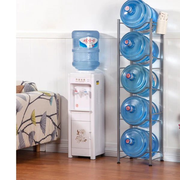 A water cooler with a rack of water bottles