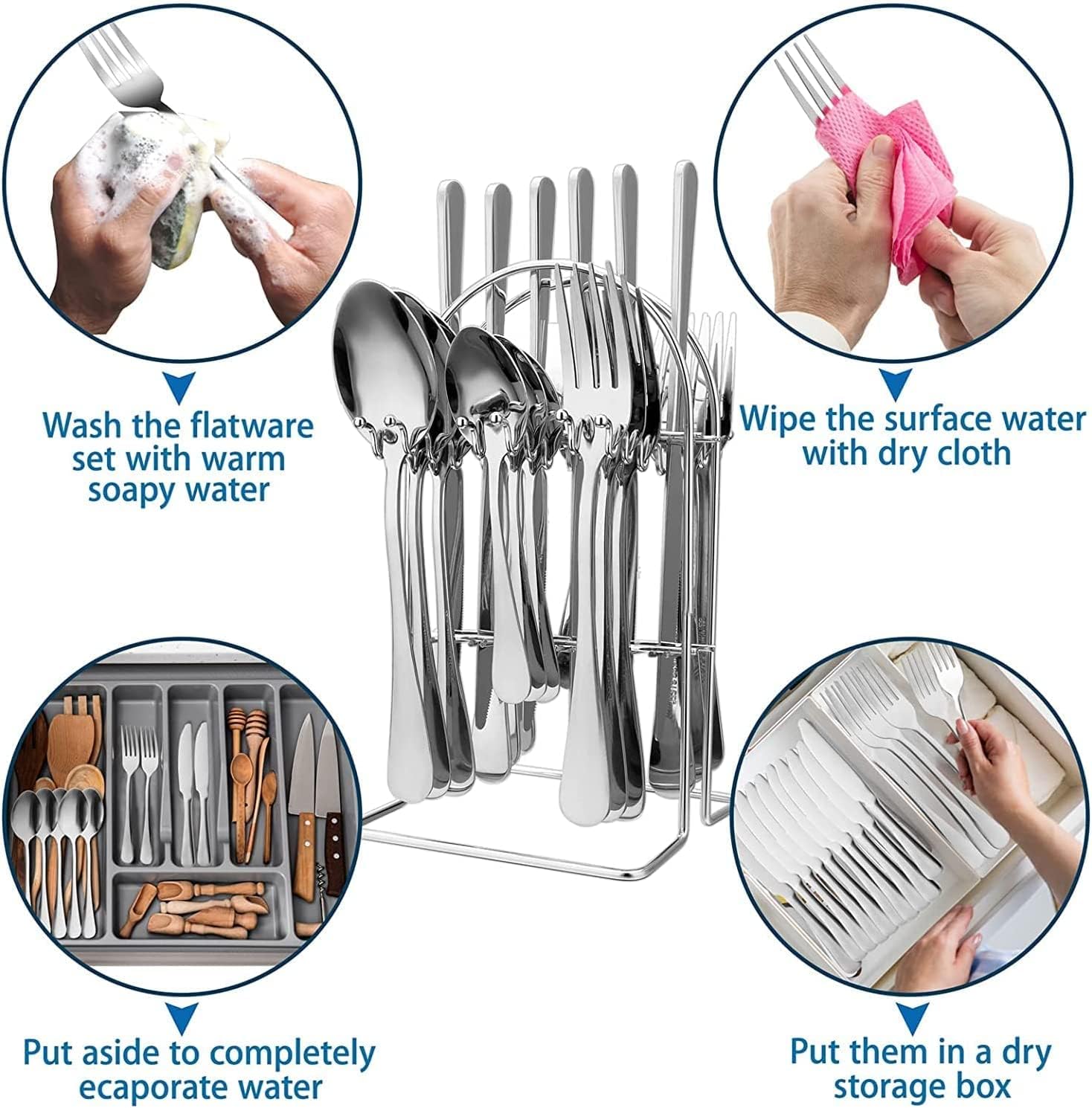 Elegant 24-piece cutlery set displayed on a stainless-steel stand, with step-by-step care guide showing washing with warm soapy water, wiping dry, air-drying in a tray, and storing in a dry box.