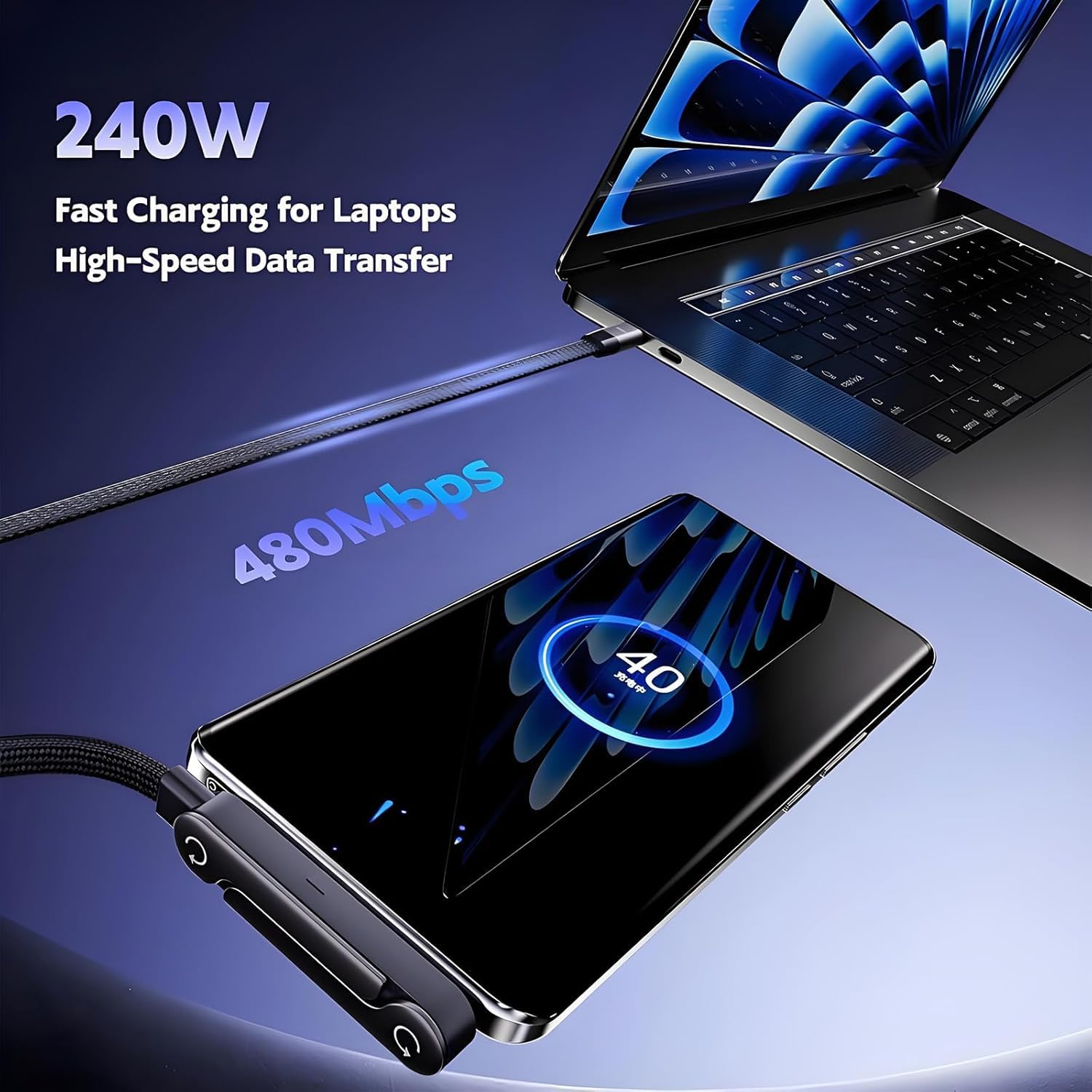 Laptop and smartphone connected by a 240W Type-C to Type-C Fast Charging Cable with text about fast charging and data transfer speeds on a blue background.