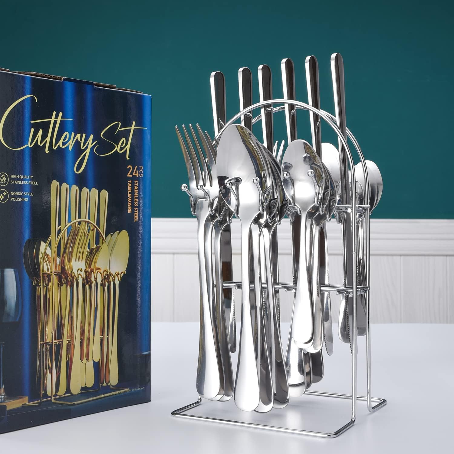 24 Pcs Ceramic Handle Tableware Cutlery Set Organized in a Stand Placed along with its Pack.