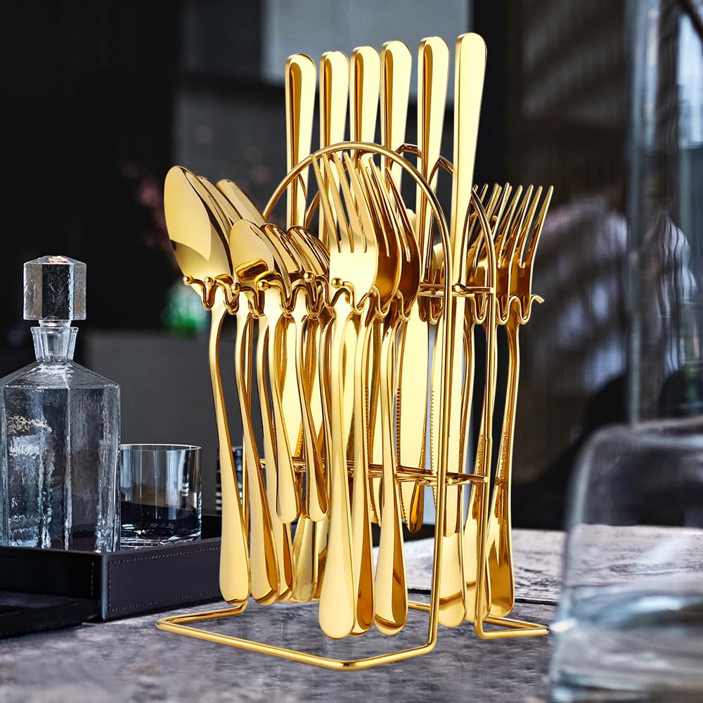 24 Pcs Ceramic Handle Tableware Cutlery Set Organized in a Stand.