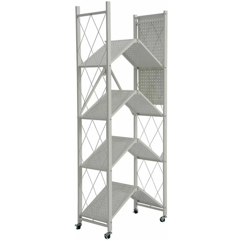 Multi Tier Foldable Storage Rack with Movable Wheel in white color