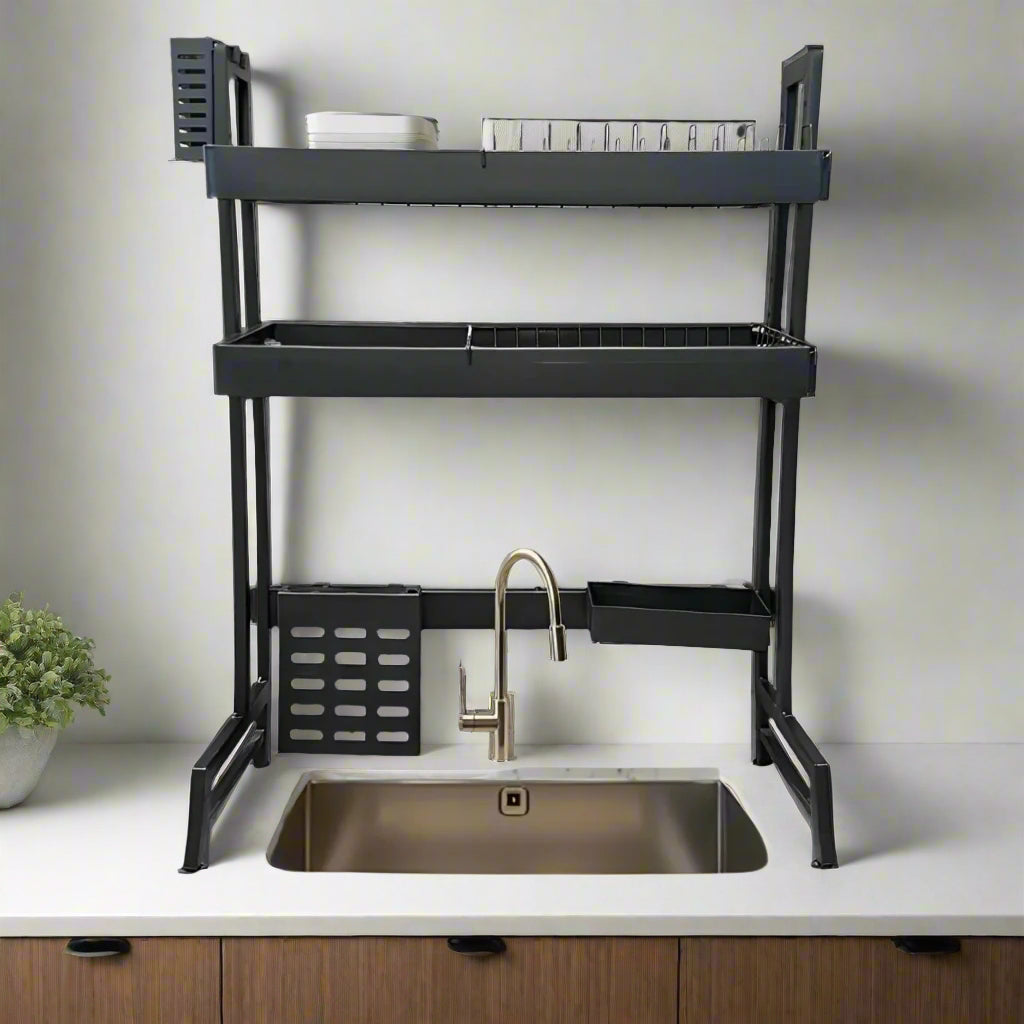 A 2 Layer Kitchen Dish Drying Rack Placed Over Kitchen Sink.