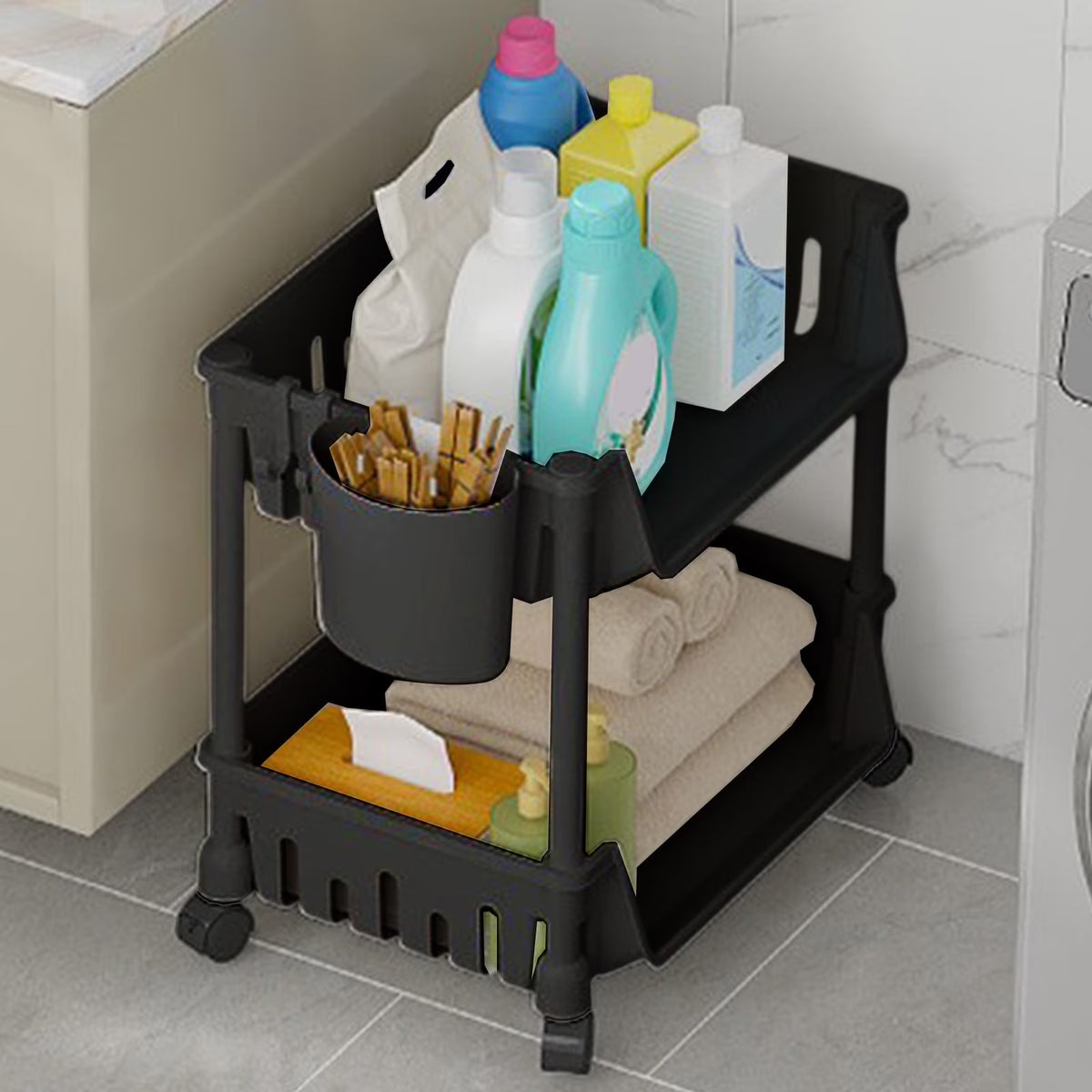 2 Tier Multifunctional Storage Rack organized with washroom essentials.