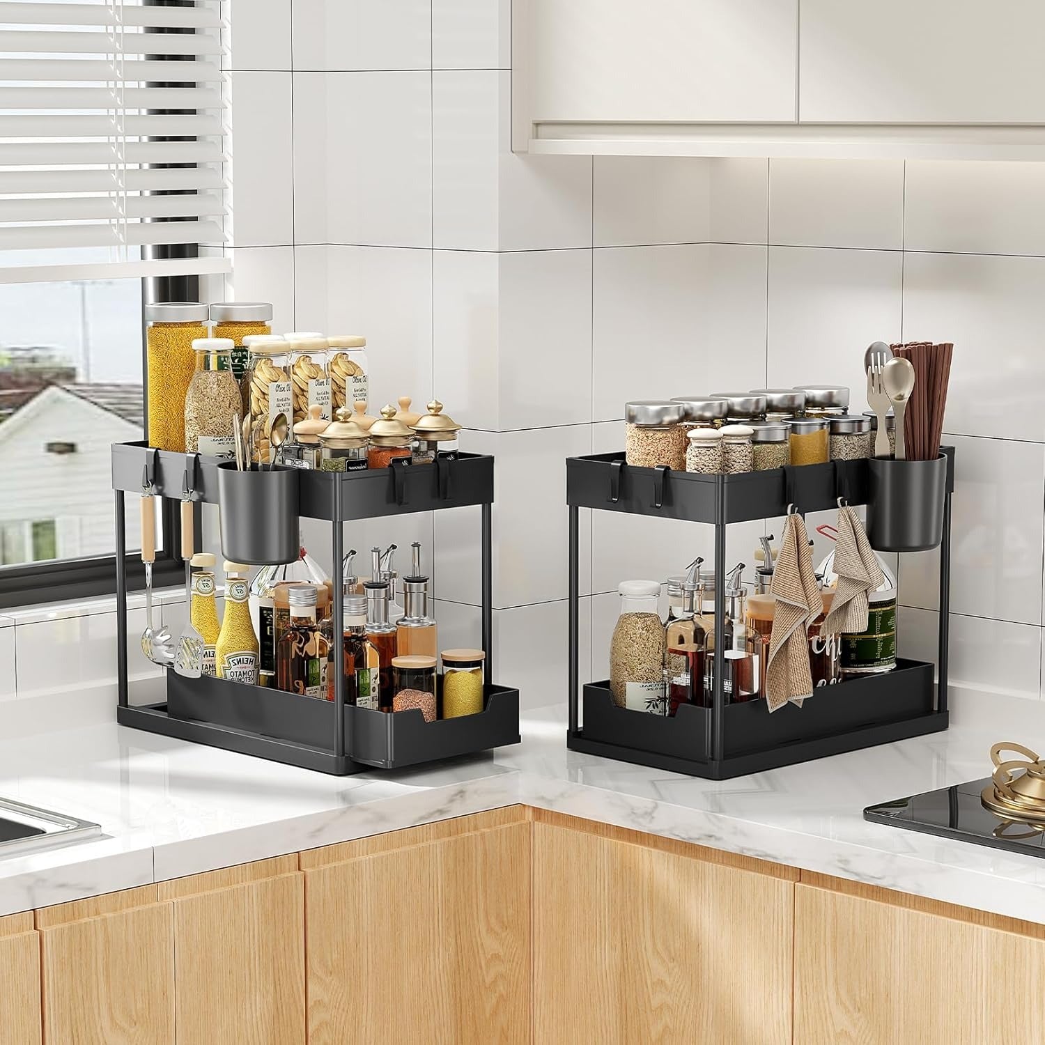 Sliding Rack Kitchen 2 Tier Under Sink Organizer - Sliding Cabinet Rack for Kitchen and Bat