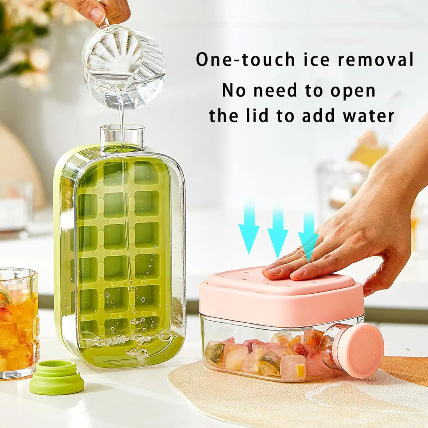 A Person is Pressing 2 in 1 Ice Cube Maker Water Bottle.
