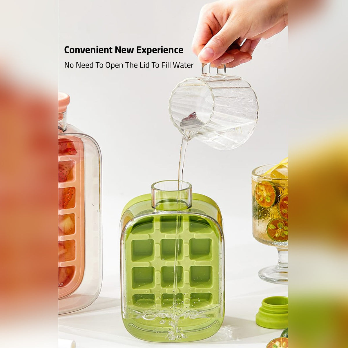 A Person is Pouring Water in to 2 in 1 Ice Cube Maker Water Bottle.
