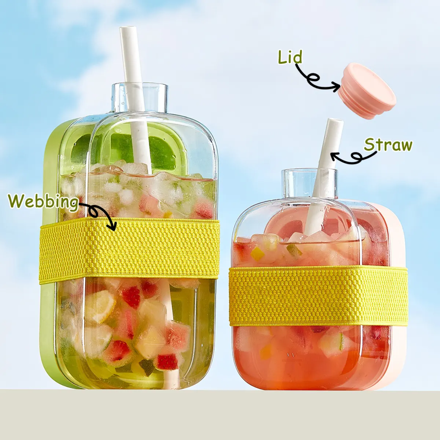 2 in 1 Ice Cube Maker Water Bottles with Ice Cubes and Drinks.