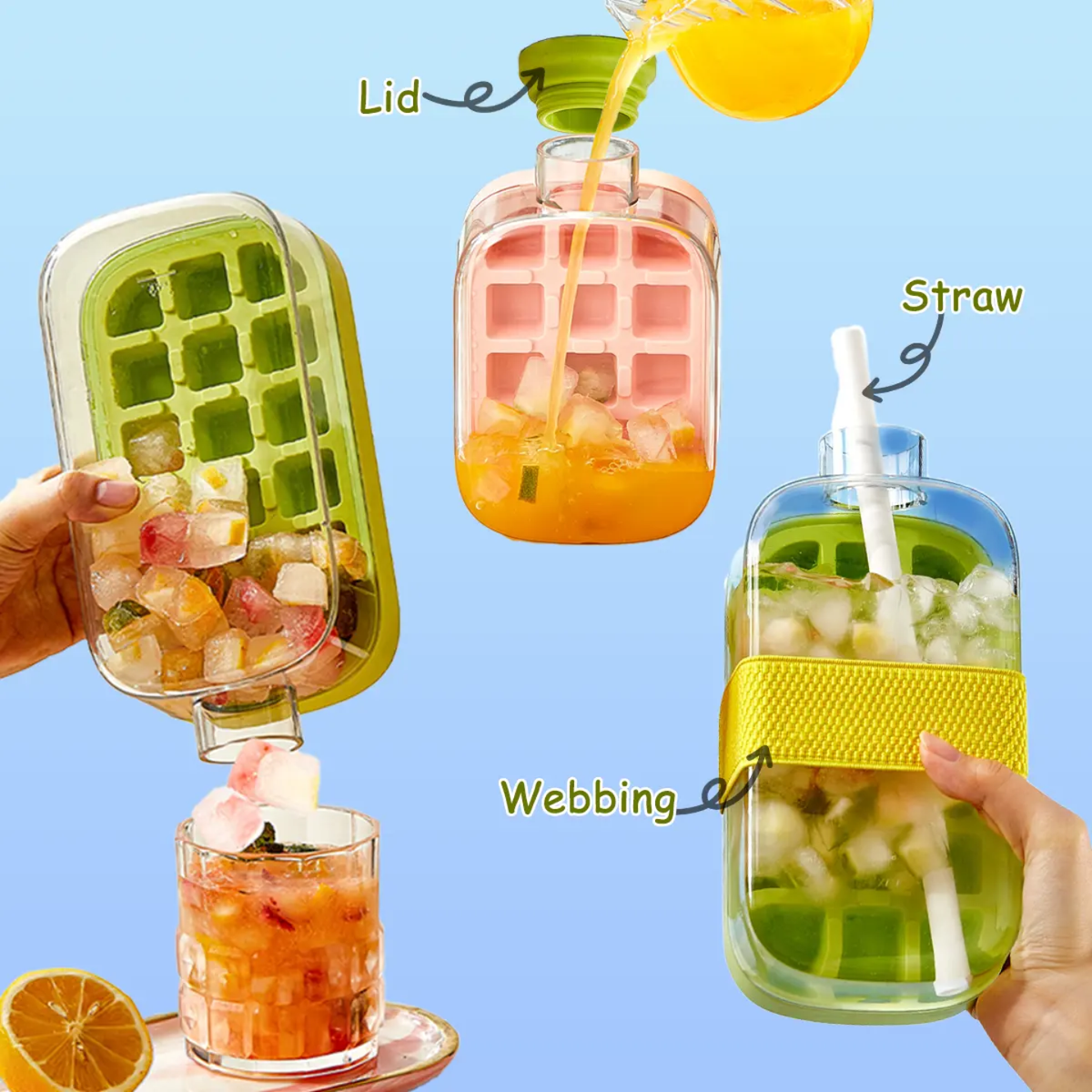 People are Holding and Taking Cubes From 2 in 1 Ice Cube Maker Water Bottle.