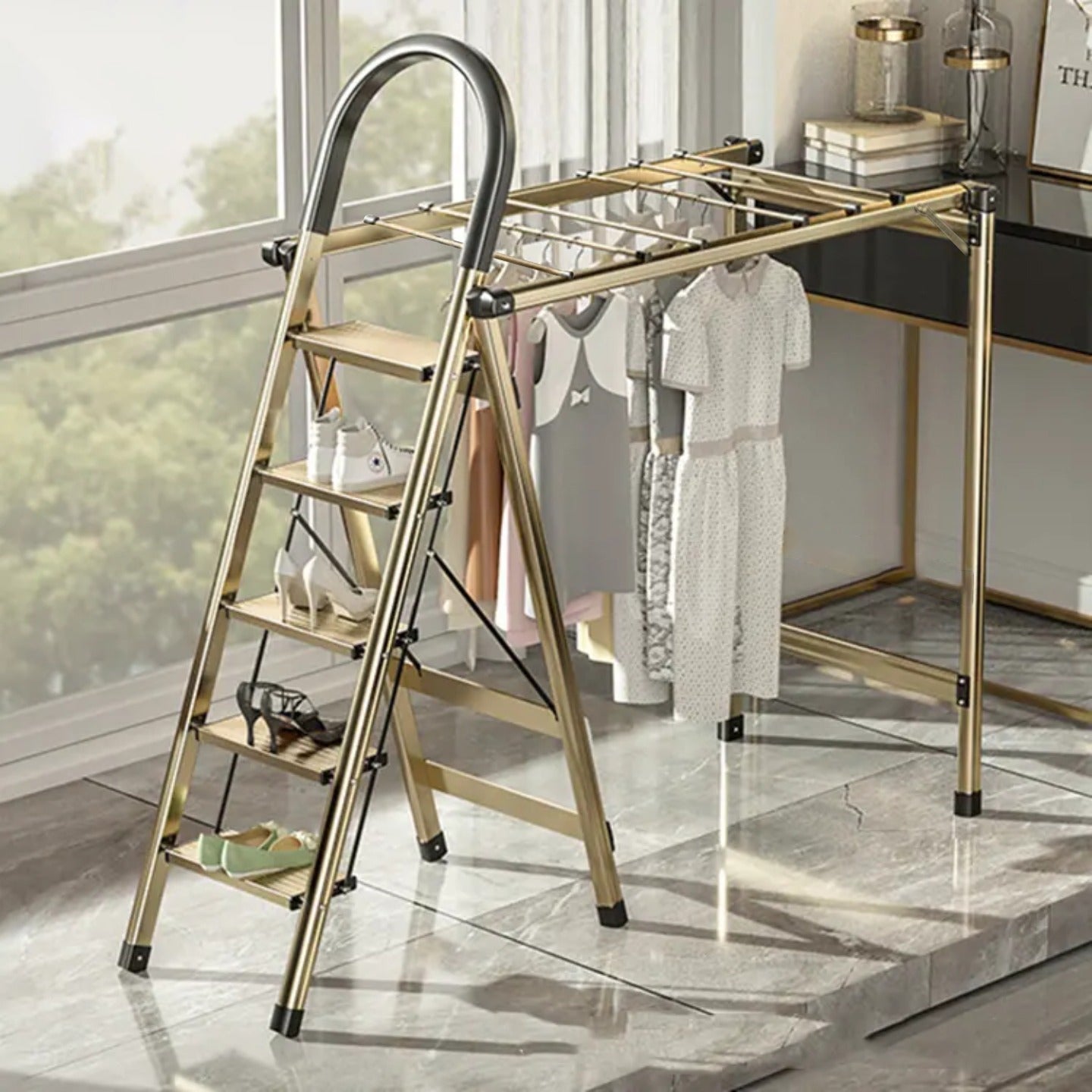 2 in 1 Ladder Cloth Drying Rack with Clothes and Cheppals are Arranged On it.
