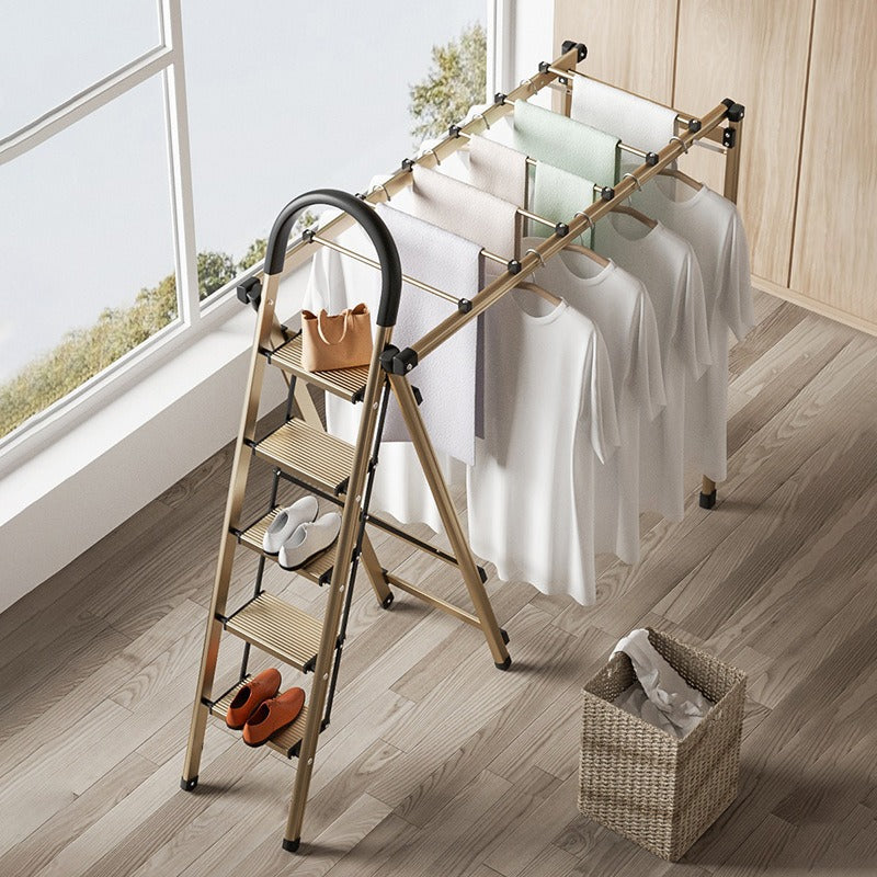 2 in 1 Ladder Cloth Drying Rack with Clothes and Cheppals are Arranged On it.