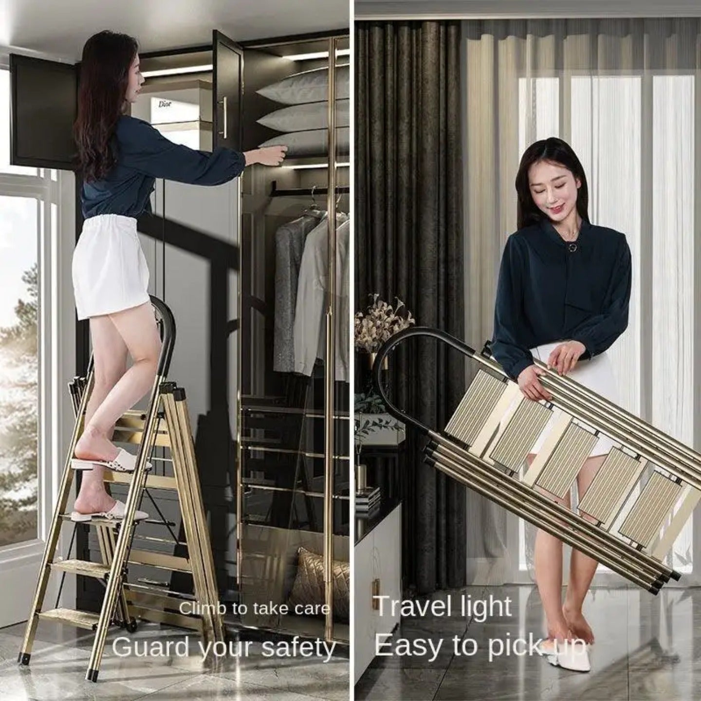 A Woman is Using 2 in 1 Ladder Cloth Drying Rack For Household Activities.