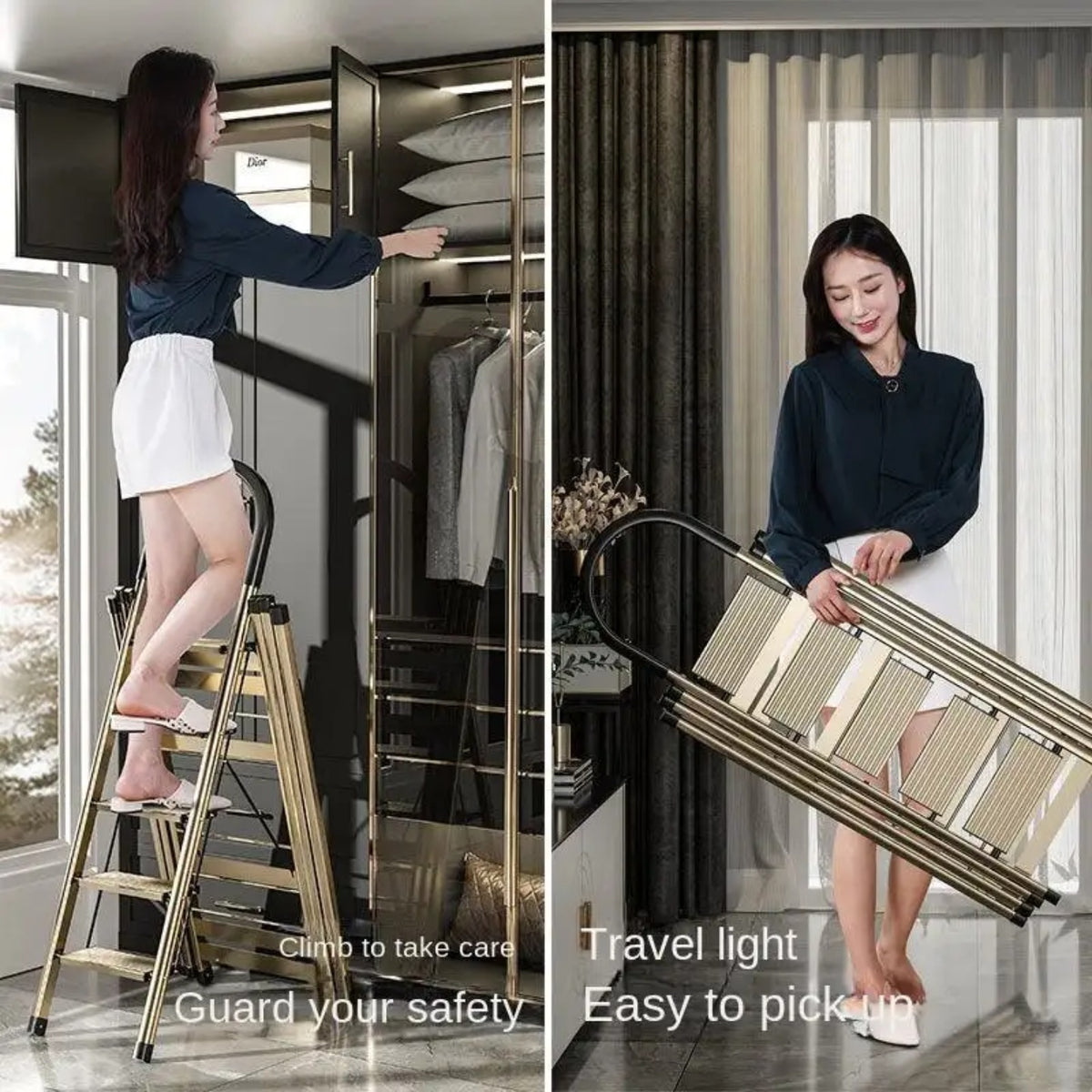 A Woman is Using 2 in 1 Ladder Cloth Drying Rack For Household Activities.