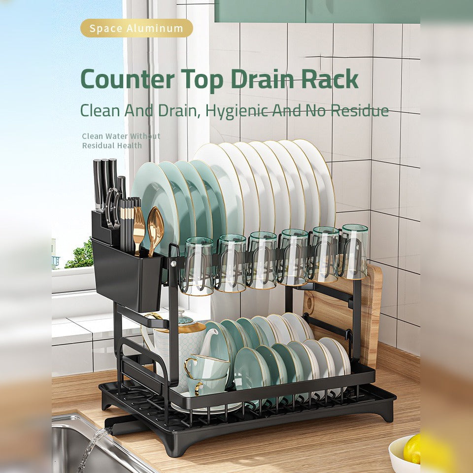 2 Tiers Dish Drying Rack Kitchen Drain Board Dish Drainer Cutlery Utensil  Holder