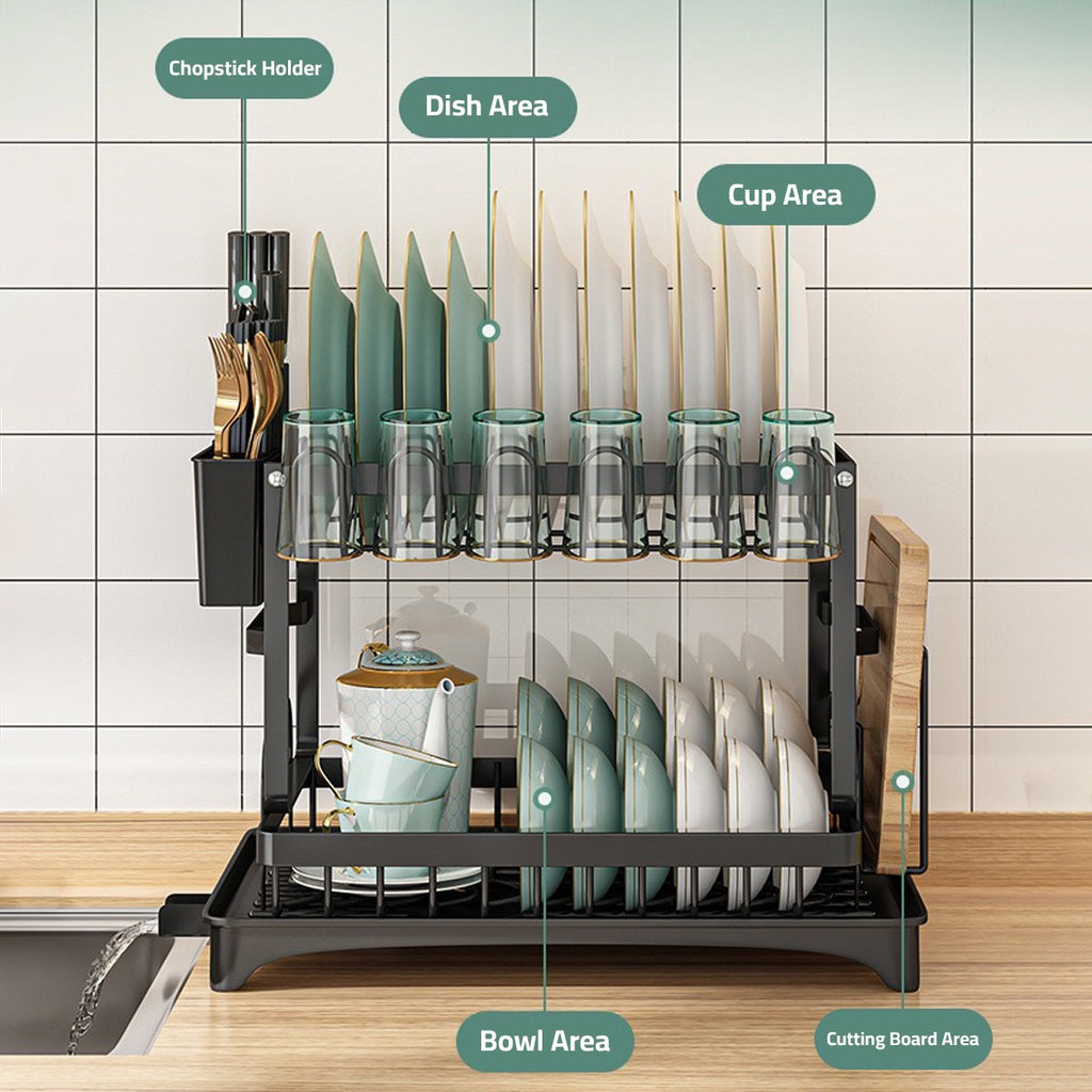 2 Tier Dish Drying Rack with Cutlery Holder, Cup Rack, Drainboard 2 Tier Dish Drying Rack with Cutlery Holder, Cup Rack, Drainboard