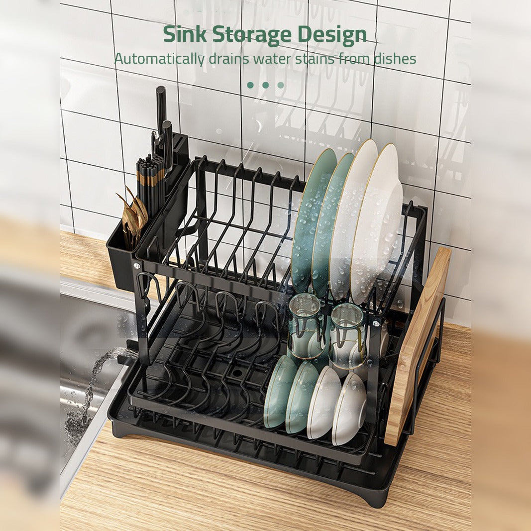 2 Tier Dish Drying Rack with Cutlery Holder, Cup Rack, Drainboard
