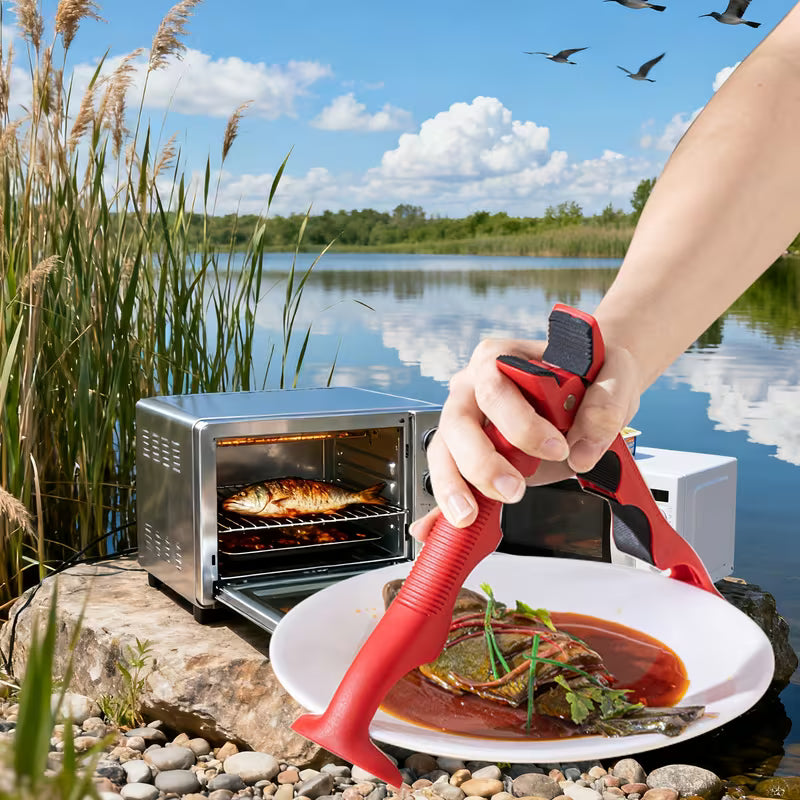 Someone is holding hot plate using 3-In-1 Heat-Resistant Kitchen Tongs.