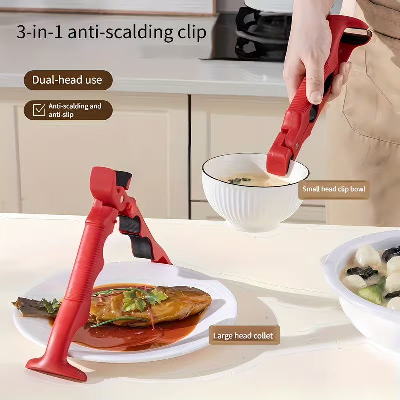 A Person is demonstrating the multiple uses of 3-In-1 Heat-Resistant Kitchen Tongs.