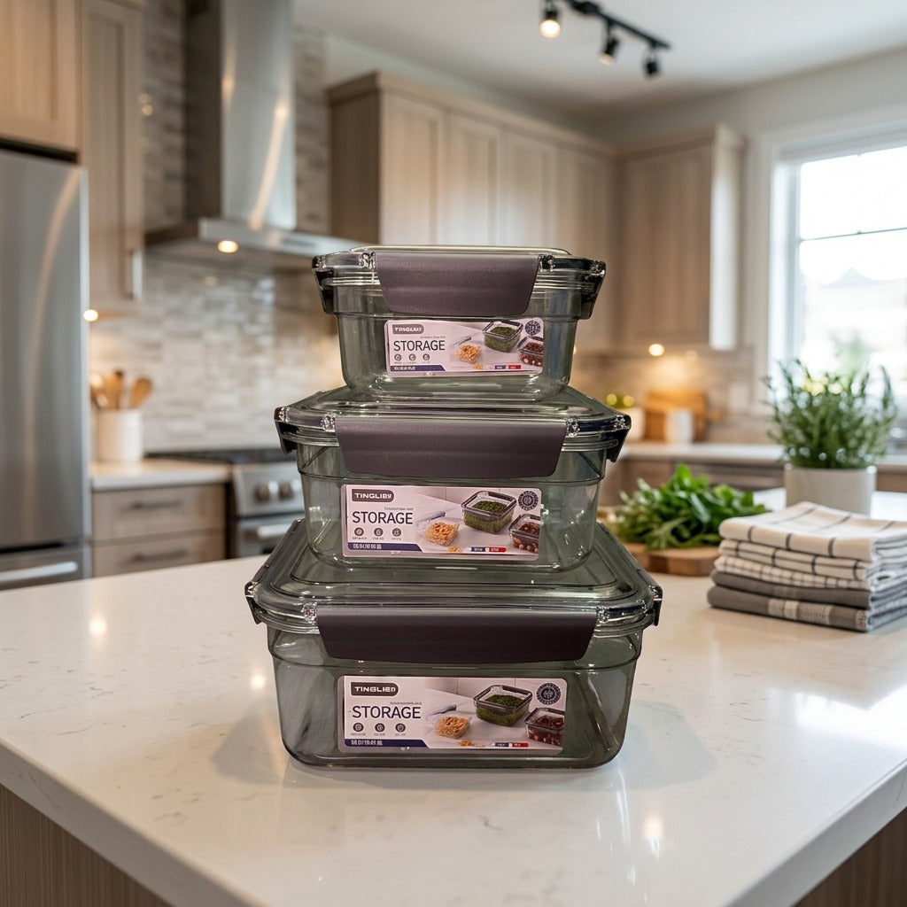 Three clear glass storage containers with black lids on a kitchen counter.