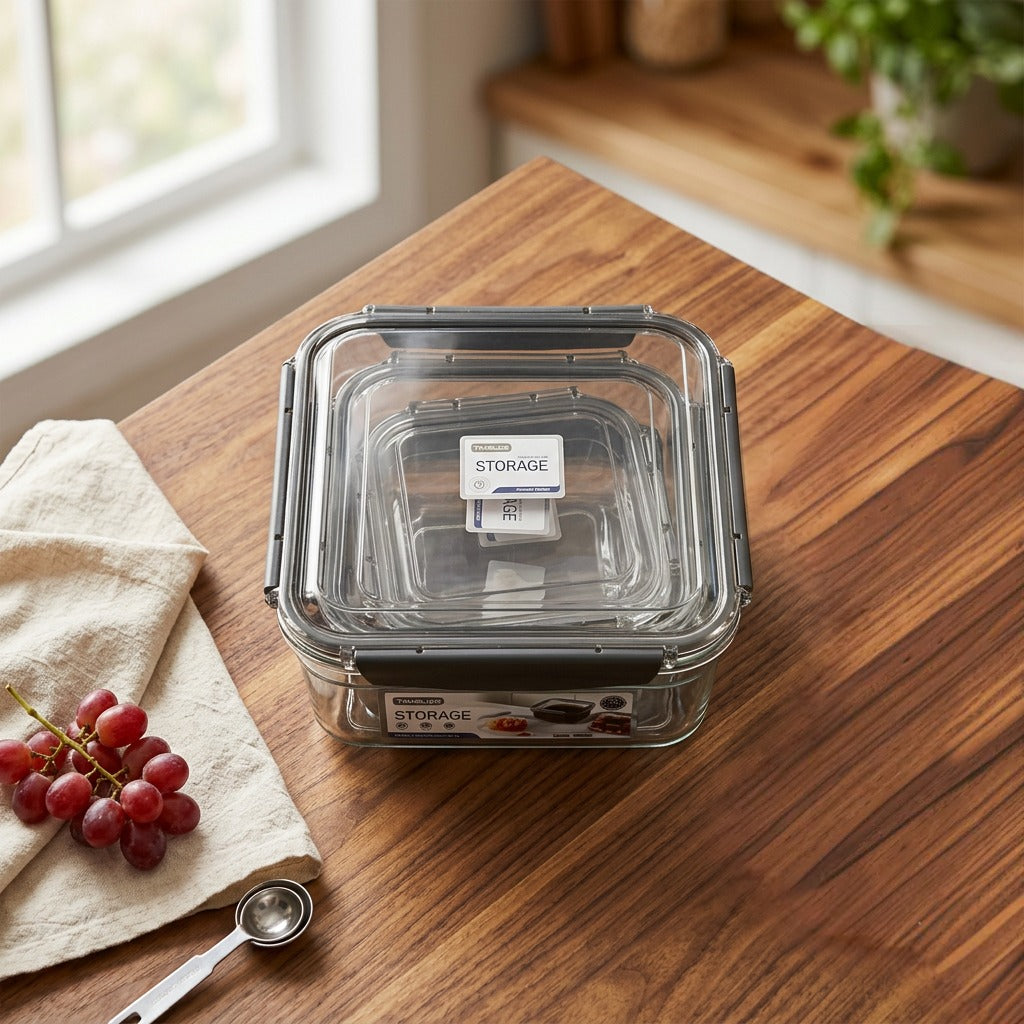 3-Piece Airtight Food Storage Container Set on a wooden table with grapes and a measuring spoon.