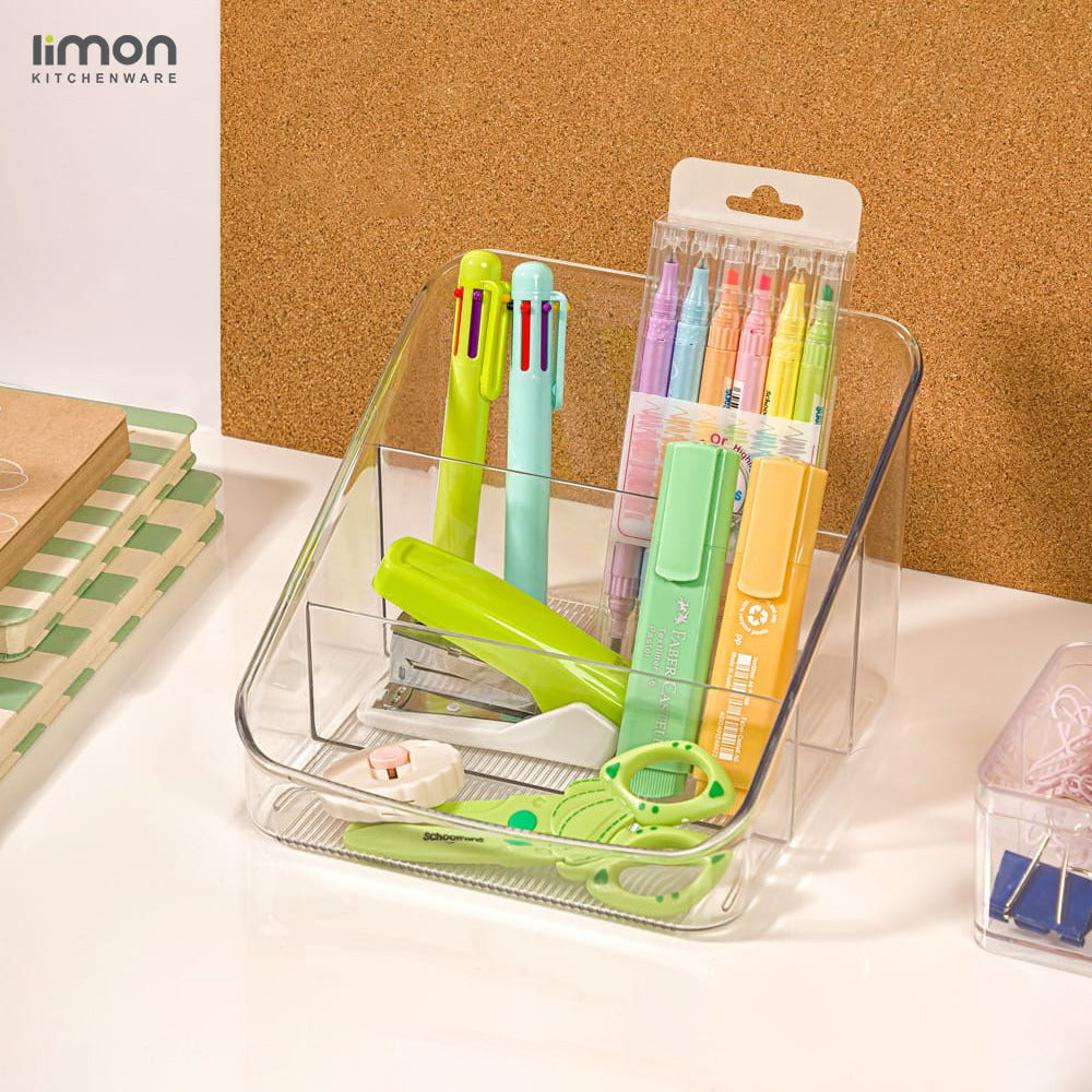 3-Section Clear Drawer Organizer with Stationary Items.