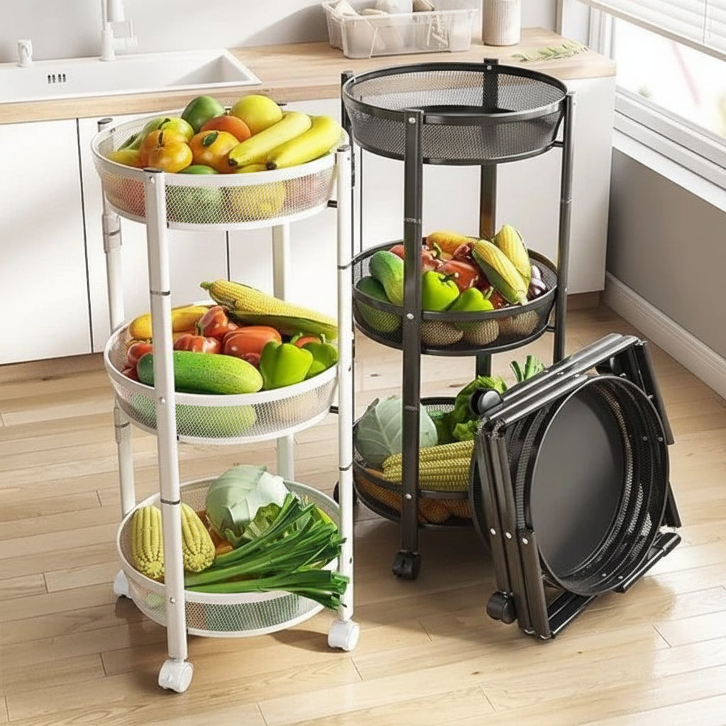 3-Tier Circular Storage Rack with Wheels, Multi-Purpose Rolling Organi
