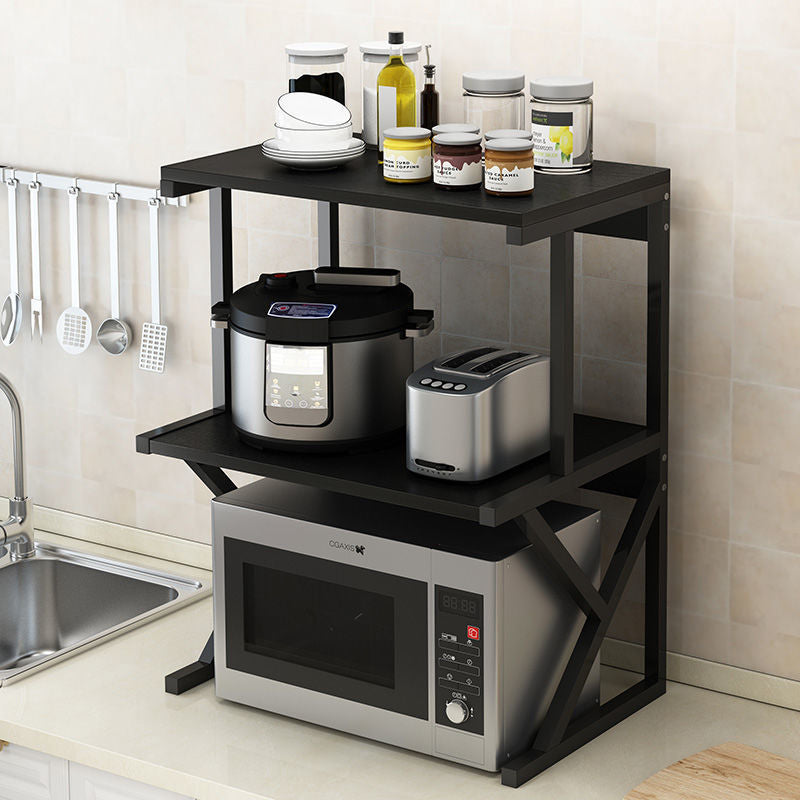 A 3-Tier Kitchen Microwave Oven Rack is Organized with Kitchen Appliances and Essentials.