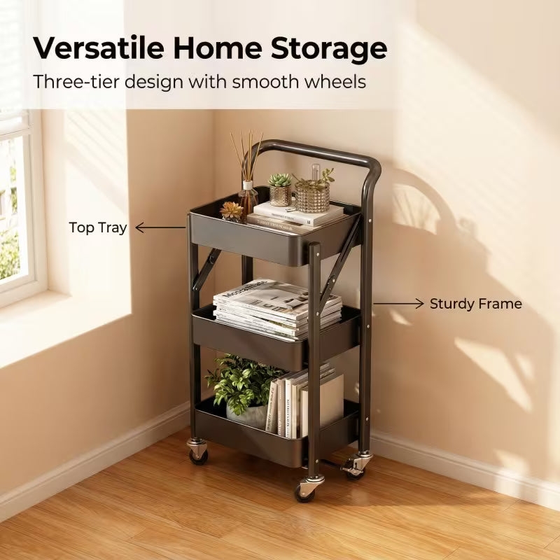 3-Tier Rolling Metal Storage Cart with smooth wheels in a room setting.