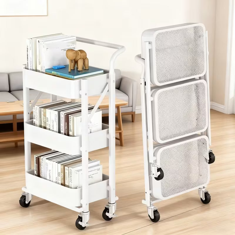 3-Tier Rolling Metal Storage Cart  with three shelves filled with books and items, next to a mesh storage unit in a room.