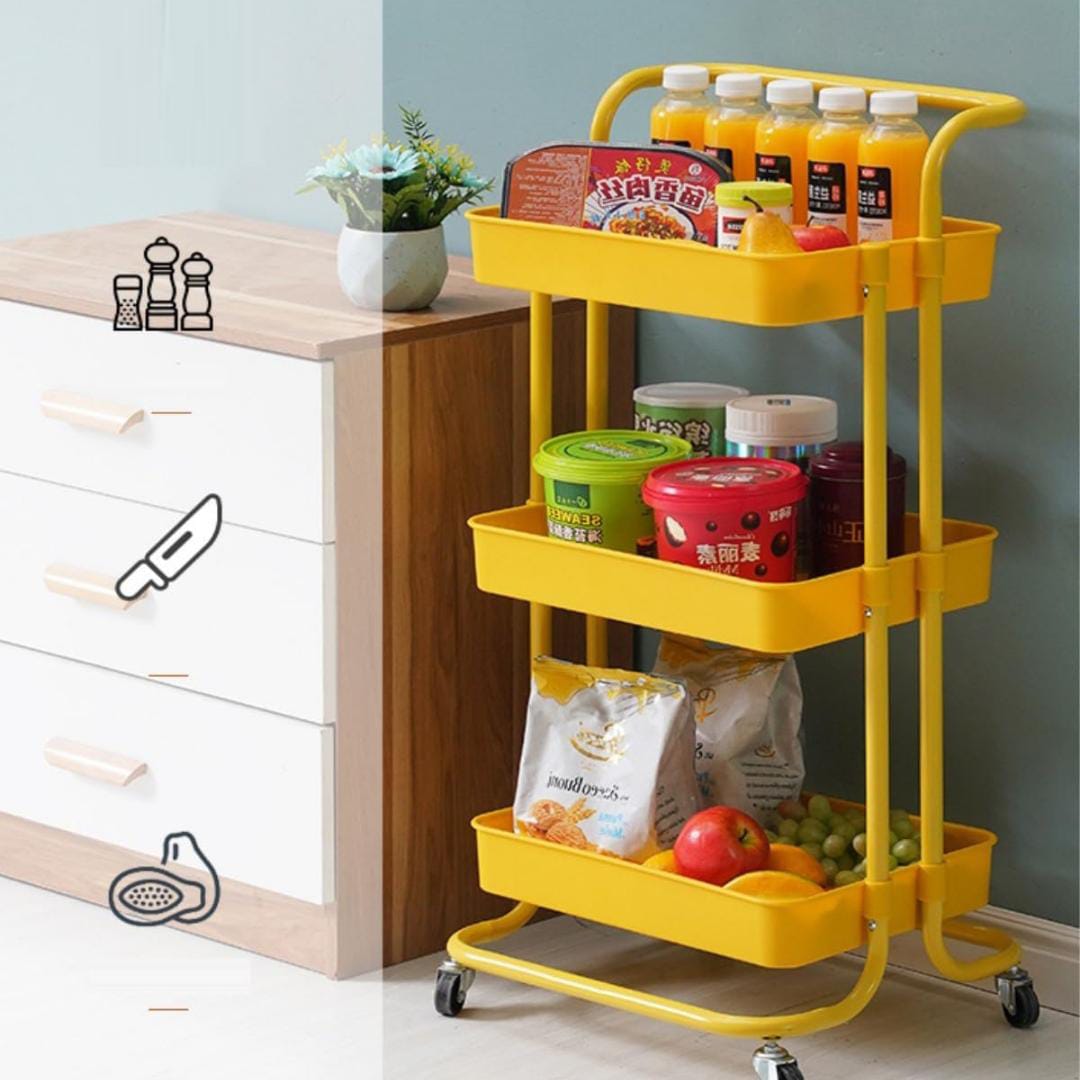 A 3-Tier Trolley Cart Organizer With Snacks are Organized On it.