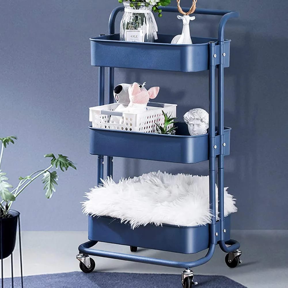 A 3-Tier Trolley Cart Organizer in Blue Color.