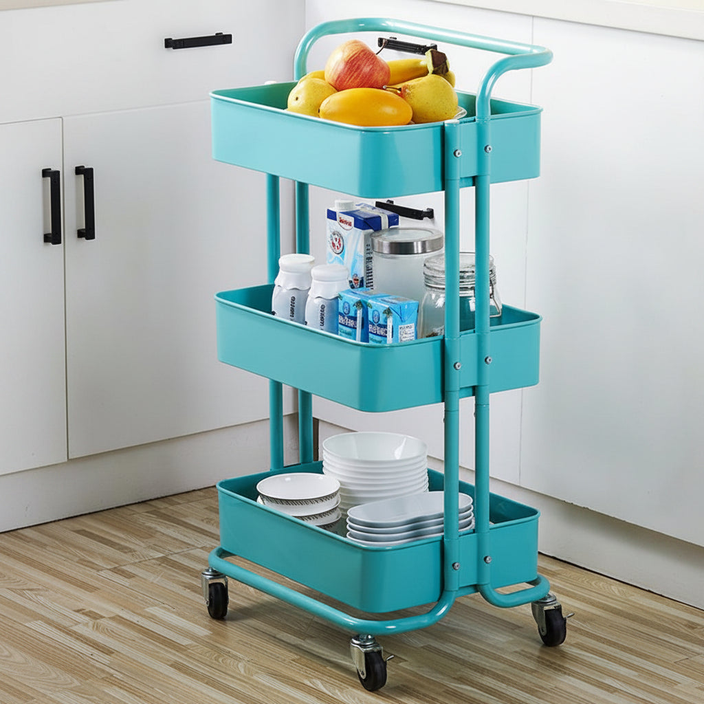 3-Tier Trolley Cart Organizer in a kitchen with various items on it.