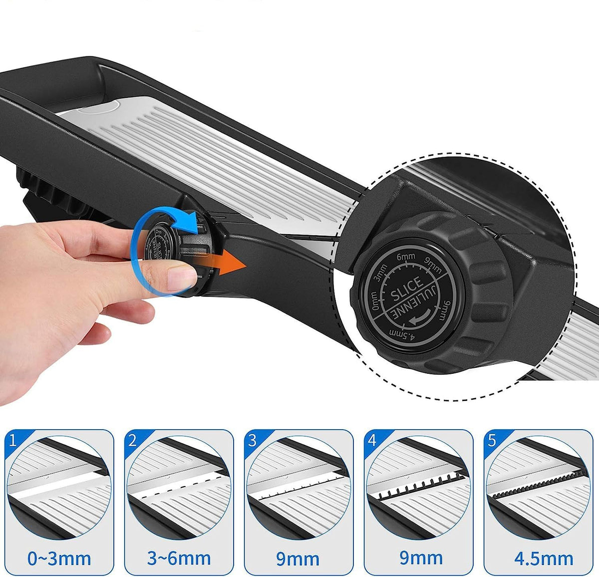 A Person is adjusting the knob of 3-in-1 Adjustable Mandoline Slicer.