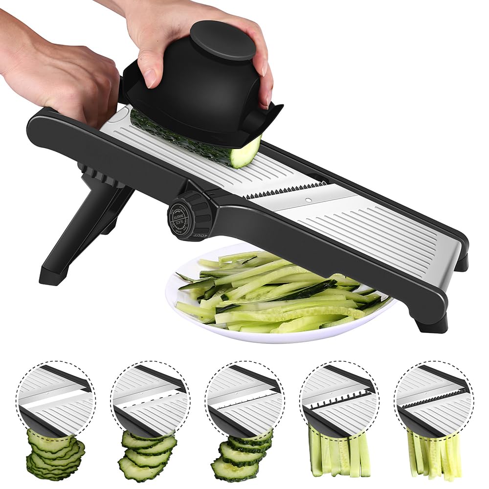 A Person is slicing cucumber using 3-in-1 Adjustable Mandoline Slicer.
