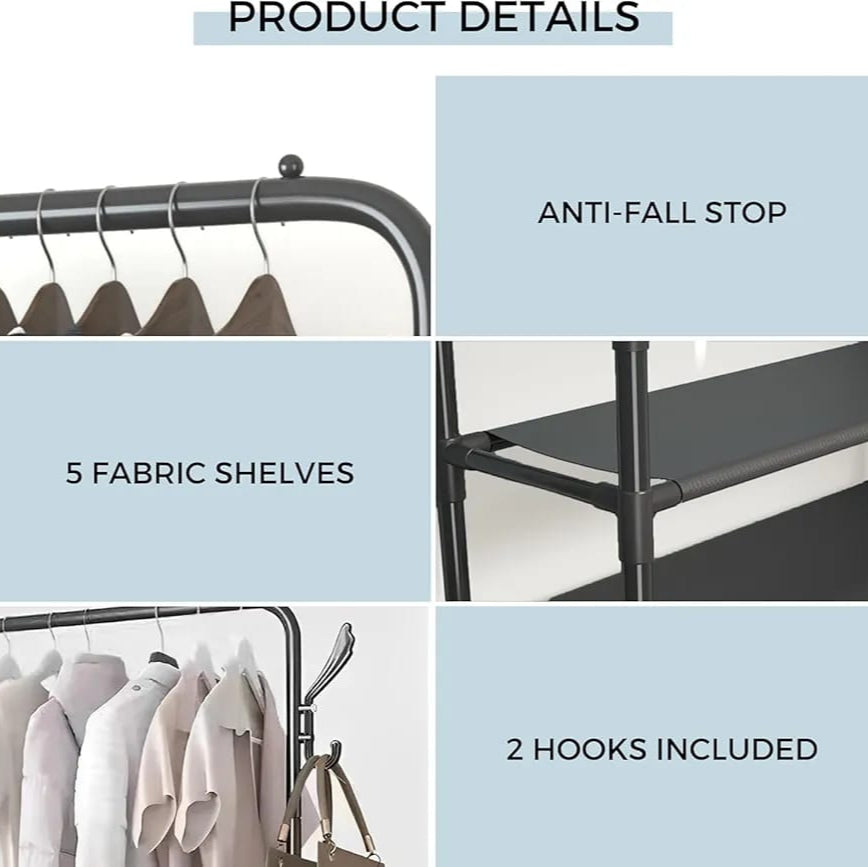 3-in-1 Floor Standing Clothes Rack with Hooks & Storage Shelves, Garme