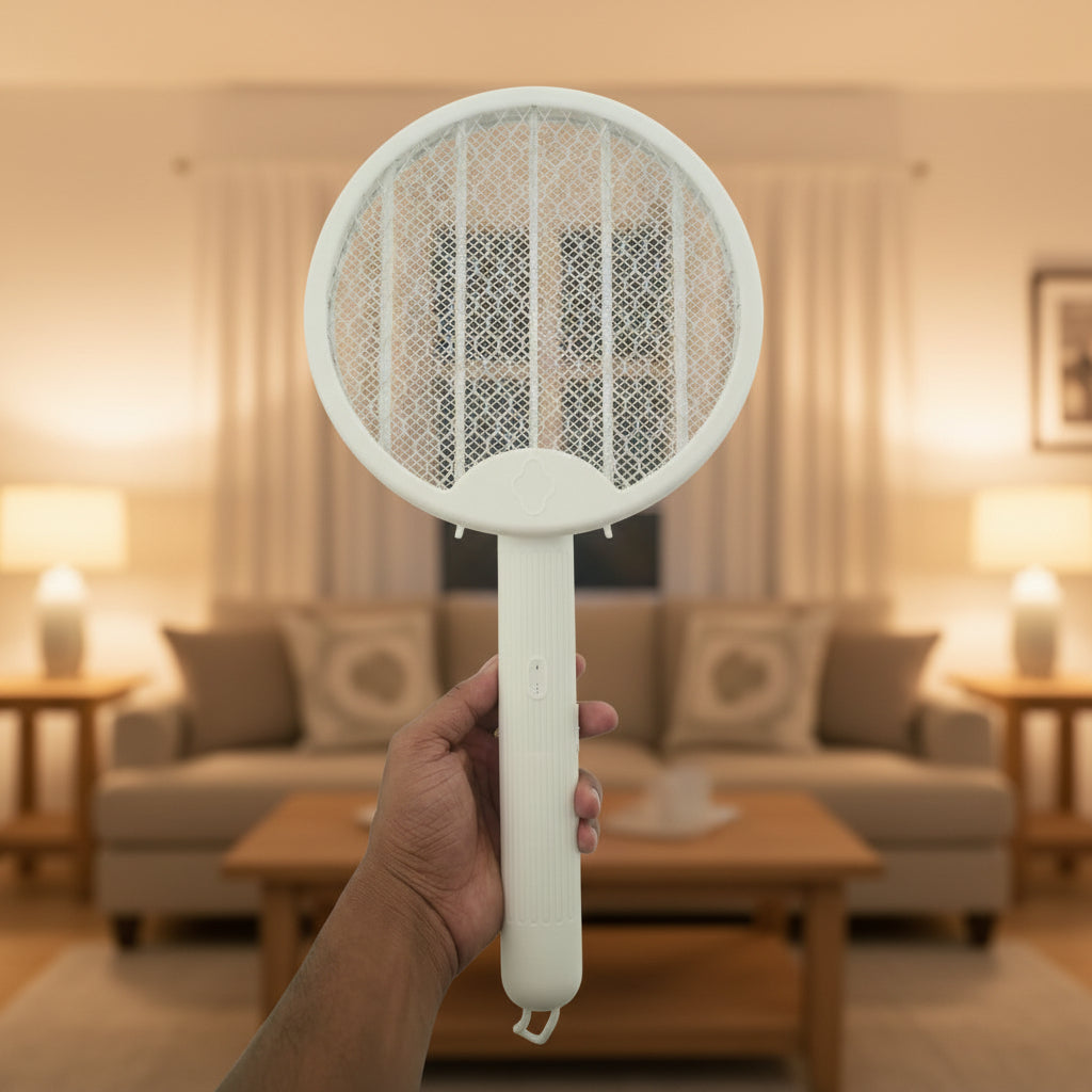 Hand holding a white electric fly swatter against a tiled floor background