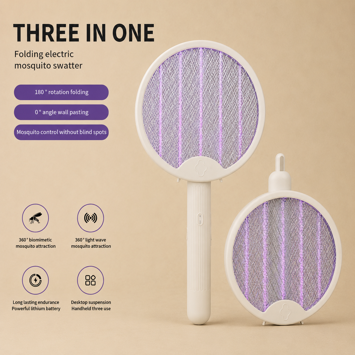 Three-in-one folding electric mosquito swatter with features listed on a beige background