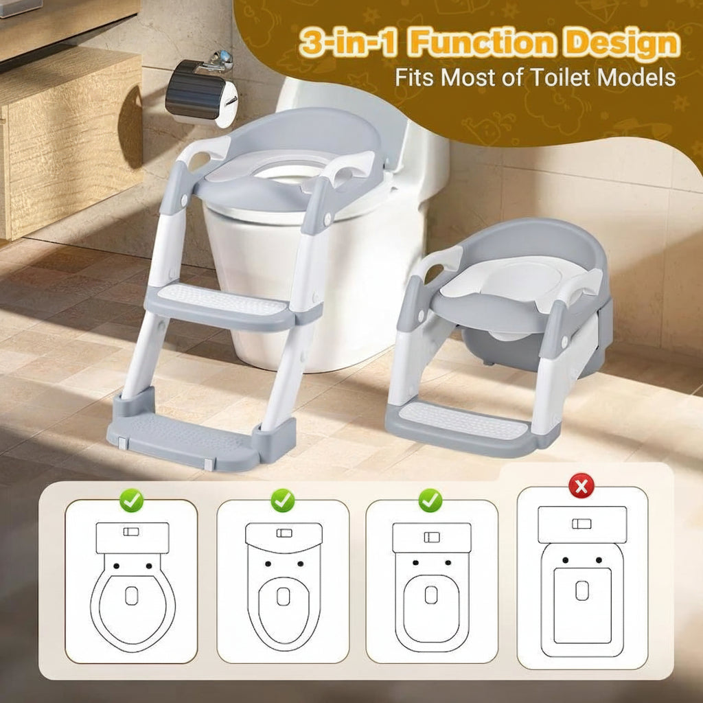 3-in-1 Multifunctional Baby Toilet Training Seat on a bathroom floor with a toilet in the background.