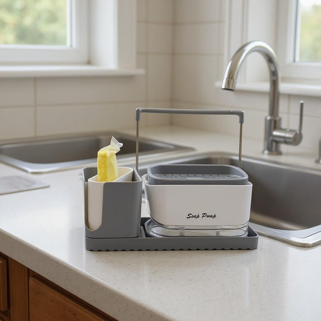 3-in-1 Soap Dispenser with Sponge Holder Placed at Sink Area.